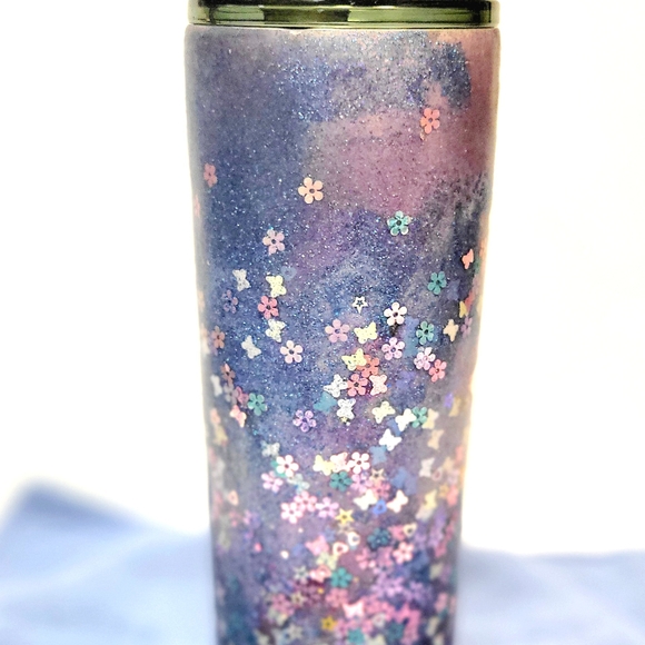 Hand Crafted Purple Glitter 30 Oz Tumbler Butterfly Floral Accents - Picture 1 of 8